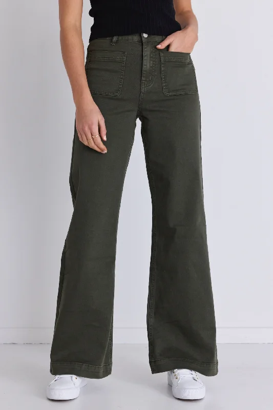 Zoey Dark Khaki High Rise Wide Leg Pocket Jean