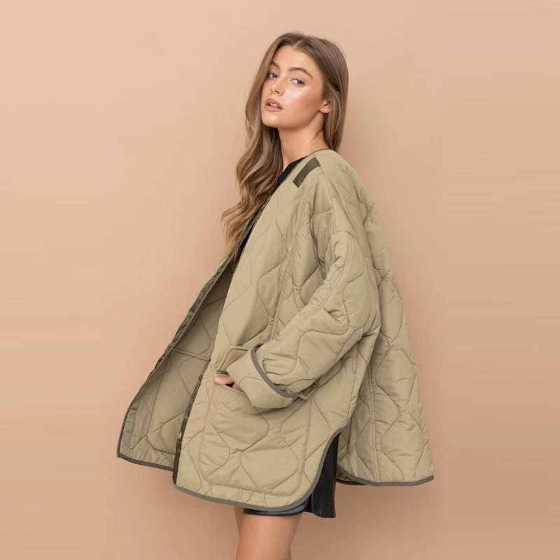 Oversized Quilted Jacket with Contrast (Olive)