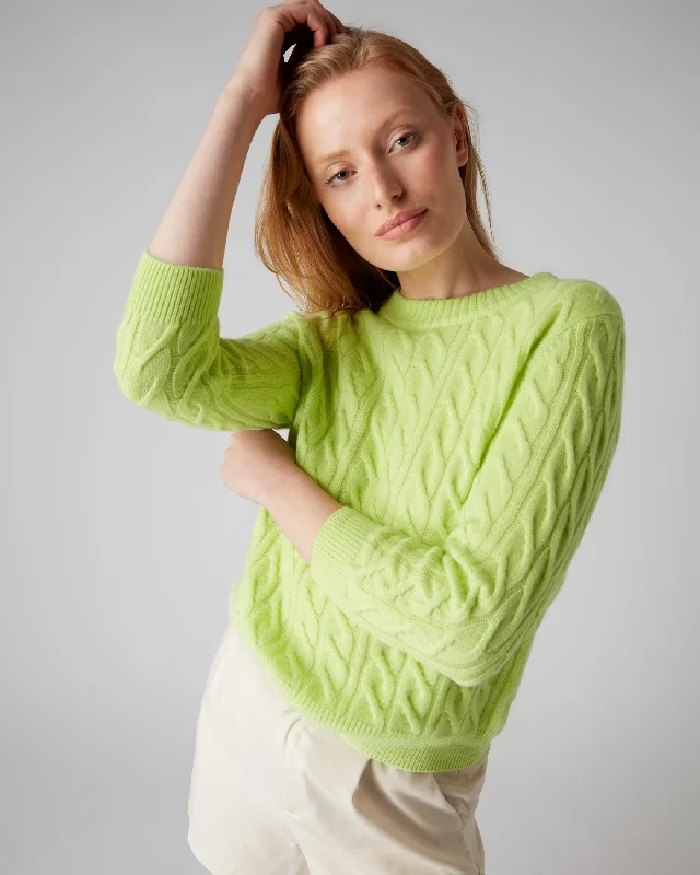 Women's Round Neck Cable Cashmere Jumper Key Lime Green