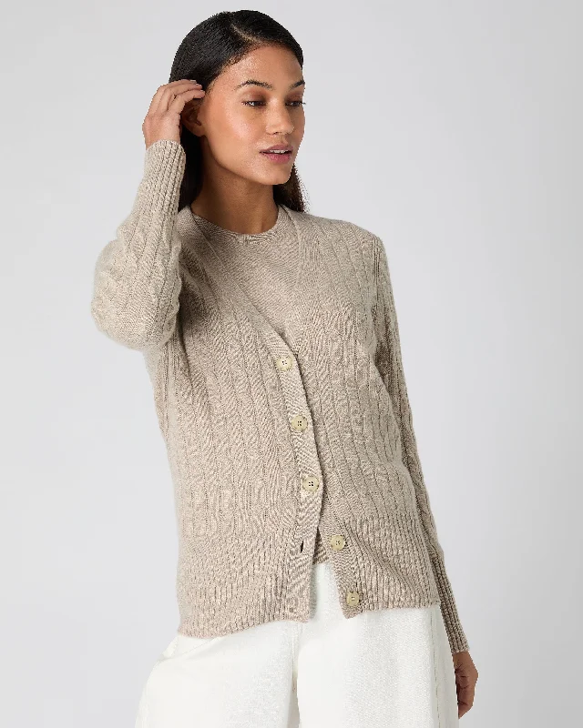 Women's Clara Cable V Neck Cashmere Cardigan Oatmeal Brown