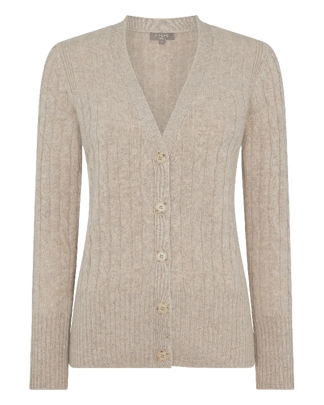 Women's Clara Cable V Neck Cashmere Cardigan Oatmeal Brown