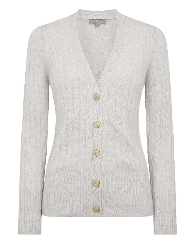 Women's Clara Cable V Neck Cashmere Cardigan Pebble Grey