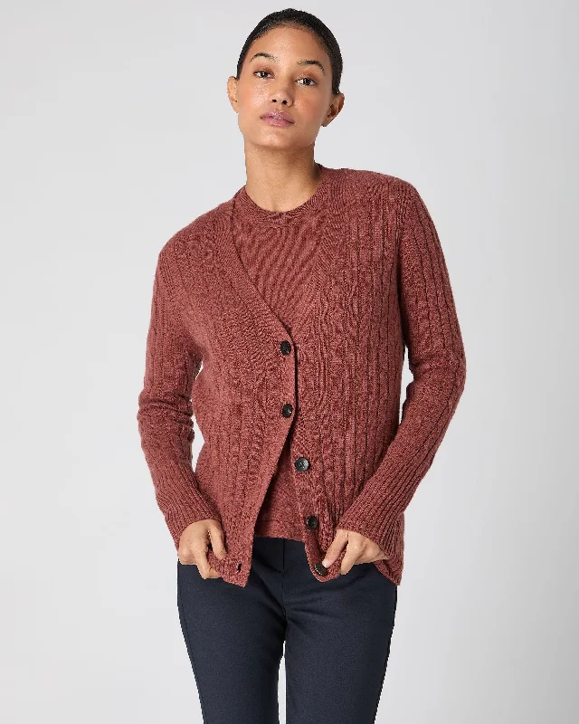 Women's Clara Cable V Neck Cashmere Cardigan Terracotta Brown