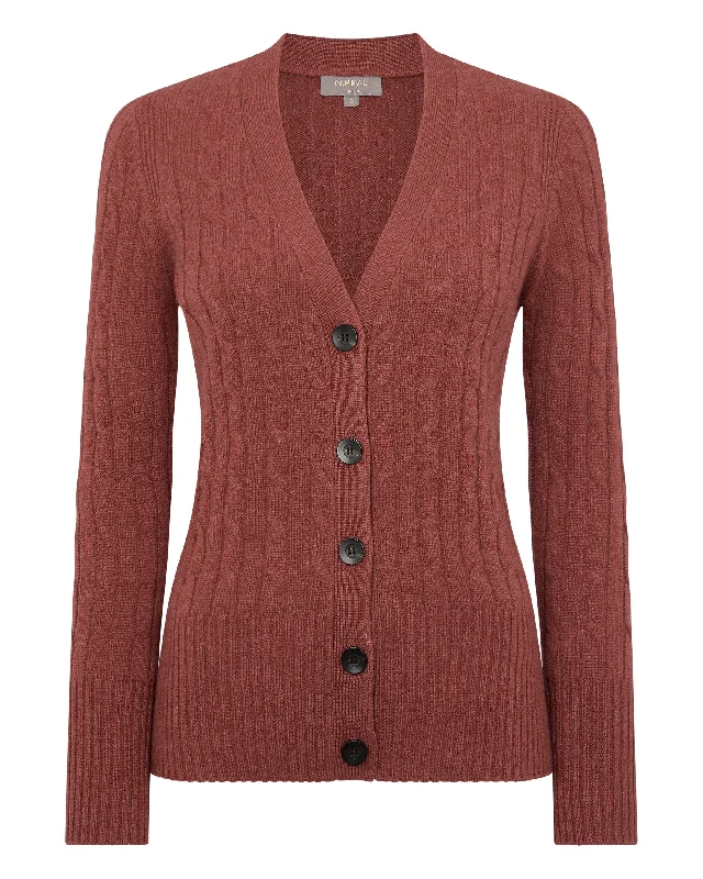 Women's Clara Cable V Neck Cashmere Cardigan Terracotta Brown