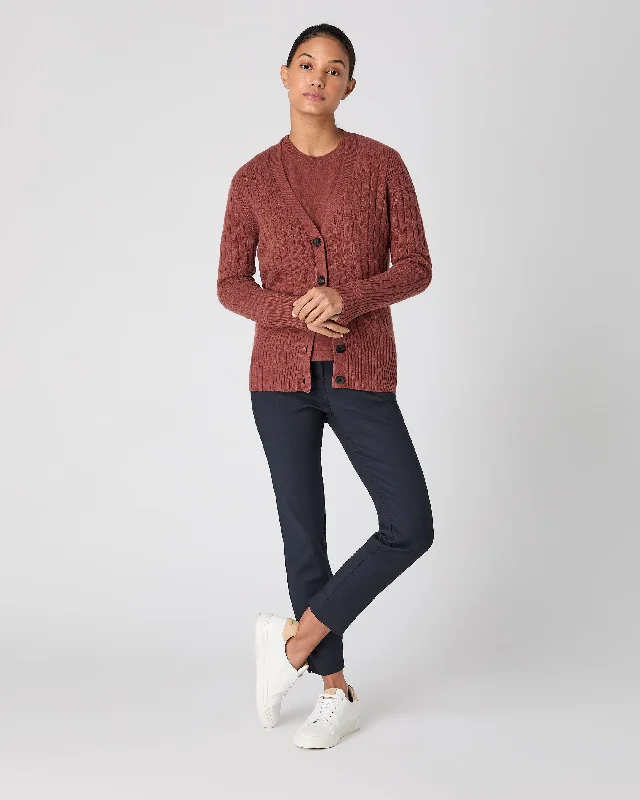 Women's Clara Cable V Neck Cashmere Cardigan Terracotta Brown