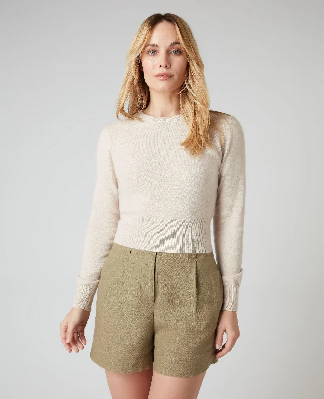 Women's Crop Round Neck Cashmere Jumper Almond White