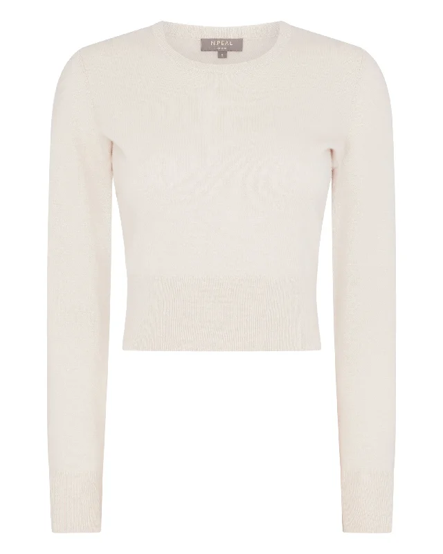 Women's Crop Round Neck Cashmere Jumper Almond White