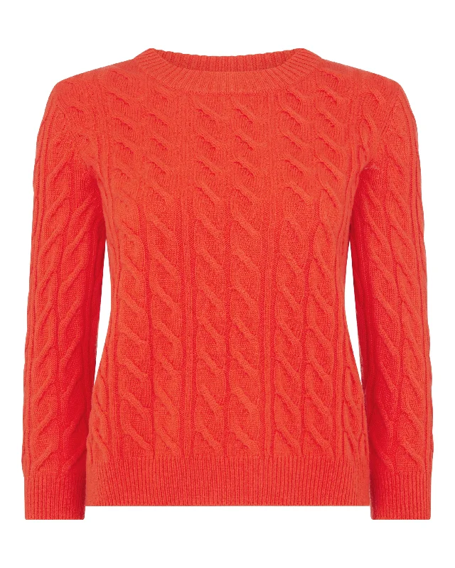 Women's Round Neck Cable Cashmere Jumper Vermillion Red