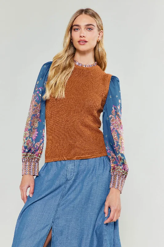 Paisley Contrast Sleeve Knit Top