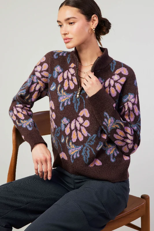 Floral Jacquard Zip Sweater