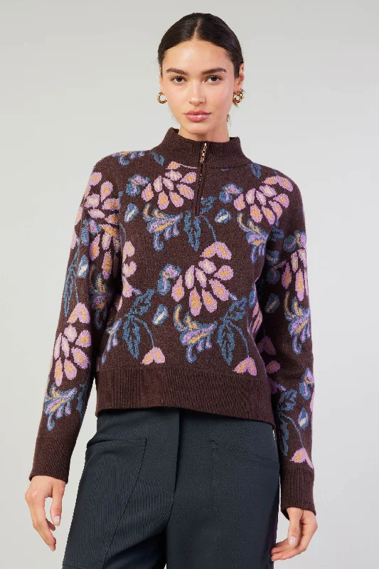 Floral Jacquard Zip Sweater