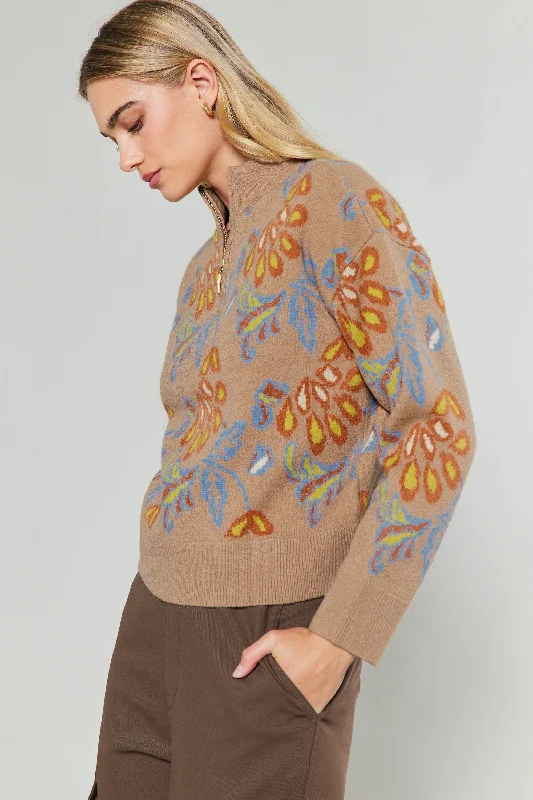 Floral Jacquard Zip Sweater