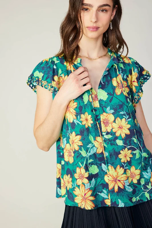 Botanical Print Eyelet Blouse