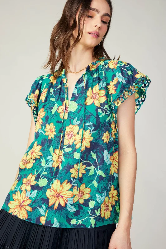 Botanical Print Eyelet Blouse