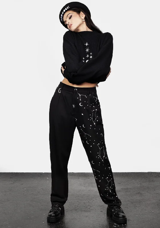 Silver Celestial Print Spliced Tapered Trousers